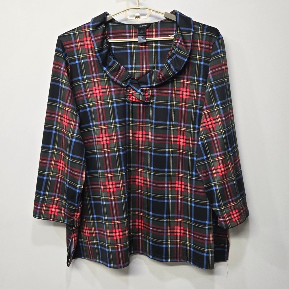 Ali Miles Ruffle Neck Shirt Top Plus Size 2X Red Tartan‎ Plaid Academia Holidays